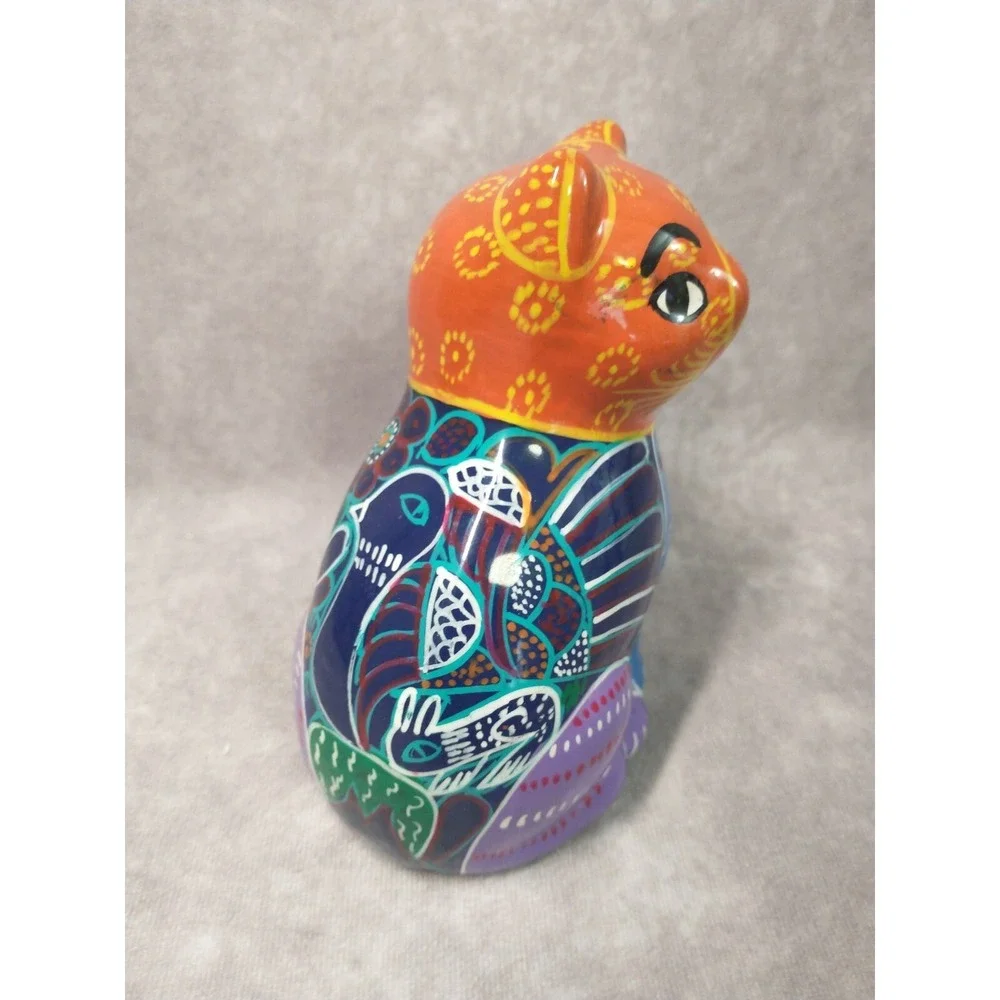 Talavera Cat Figurine Mexican Folk Art Hand Painted Redware 5.5 In Tall